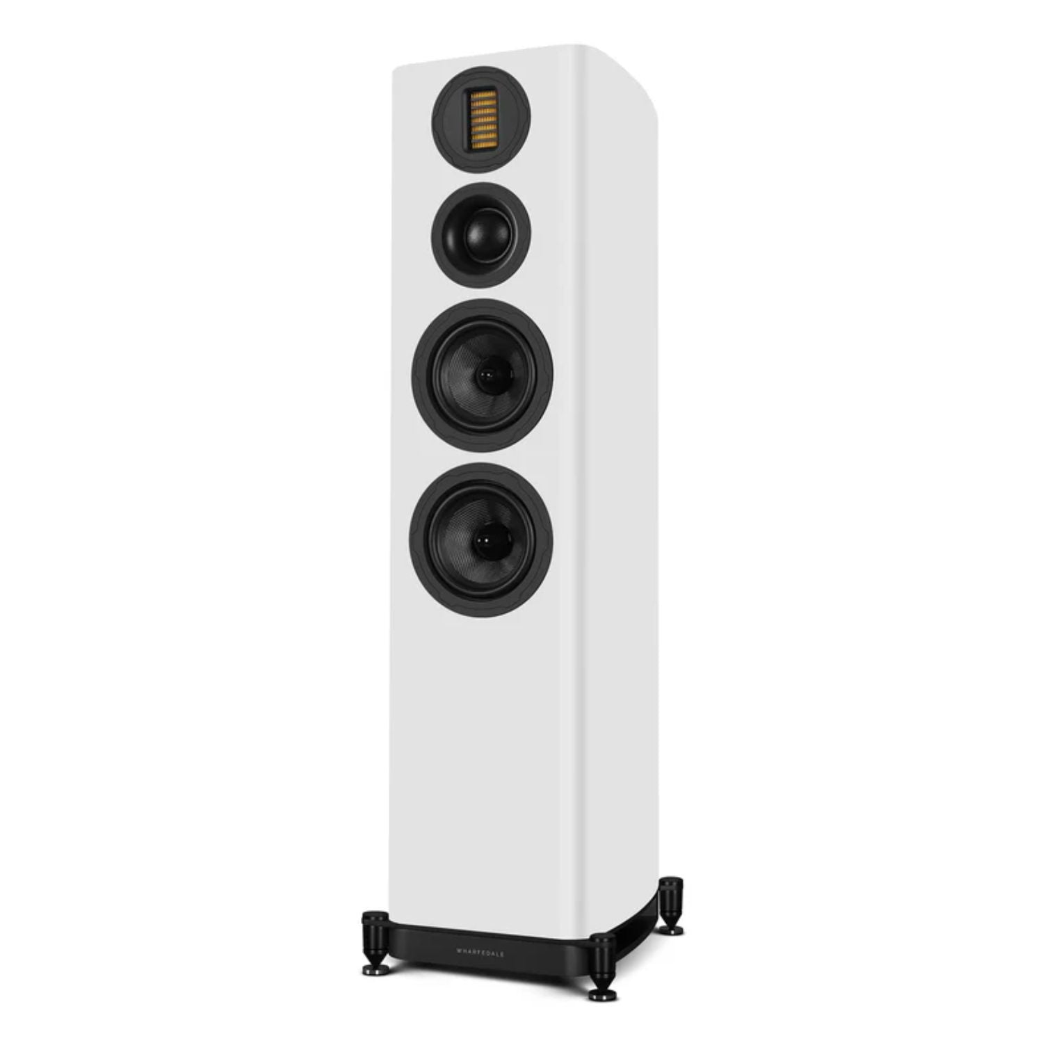 WHARFEDALE EVO5.3 Dual 5” 3-way Floorstanding Speaker in WHite color standing against a white backdrop. This is available to shop at Vinyl Sound.