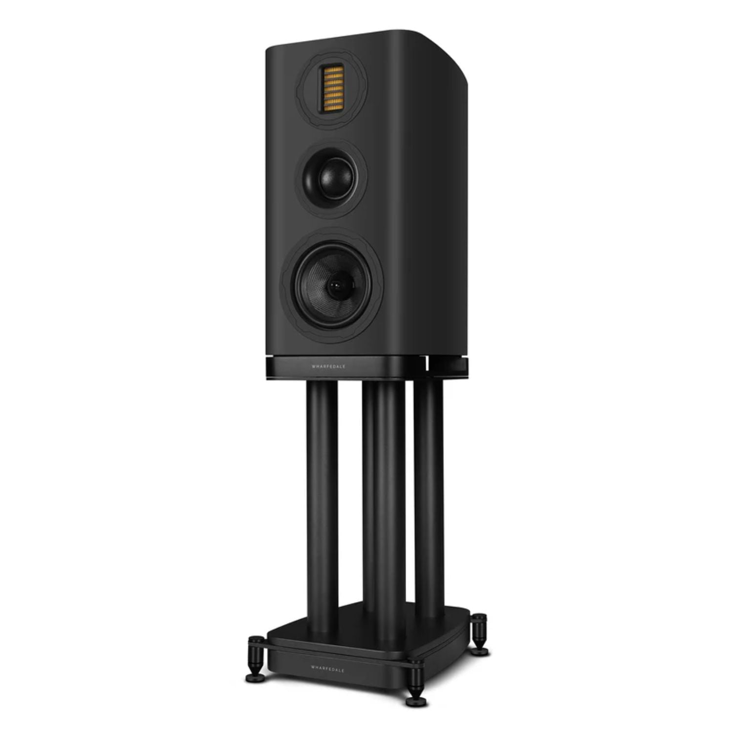 WHARFEDALE EVO 5.2 6” 3-way Standmount Speaker With
Stands in Black color standing against a white backdrop. This is available to shop at Vinyl Sound.