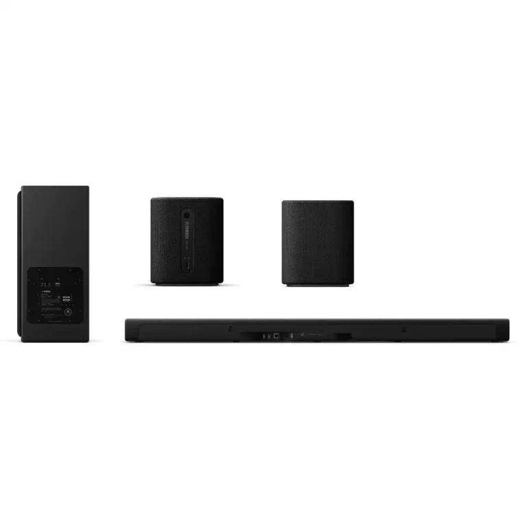 YAMAHA SRX50WSX-SET TRUE X SOUND BAR WITH WIRELESS SUBWOOFER, BUNDLE WITH WS-X1A x 2 | VINYL SOUND True X Soundbar with external subwoofer + Portable Surround Speakers True X Surround Dolby Atmos® Built-in Alexa Spotify Connect, AirPlay 2 and Tidal Connect HDMI eARC (out), HDMI input, Bluetooth® and optical connection