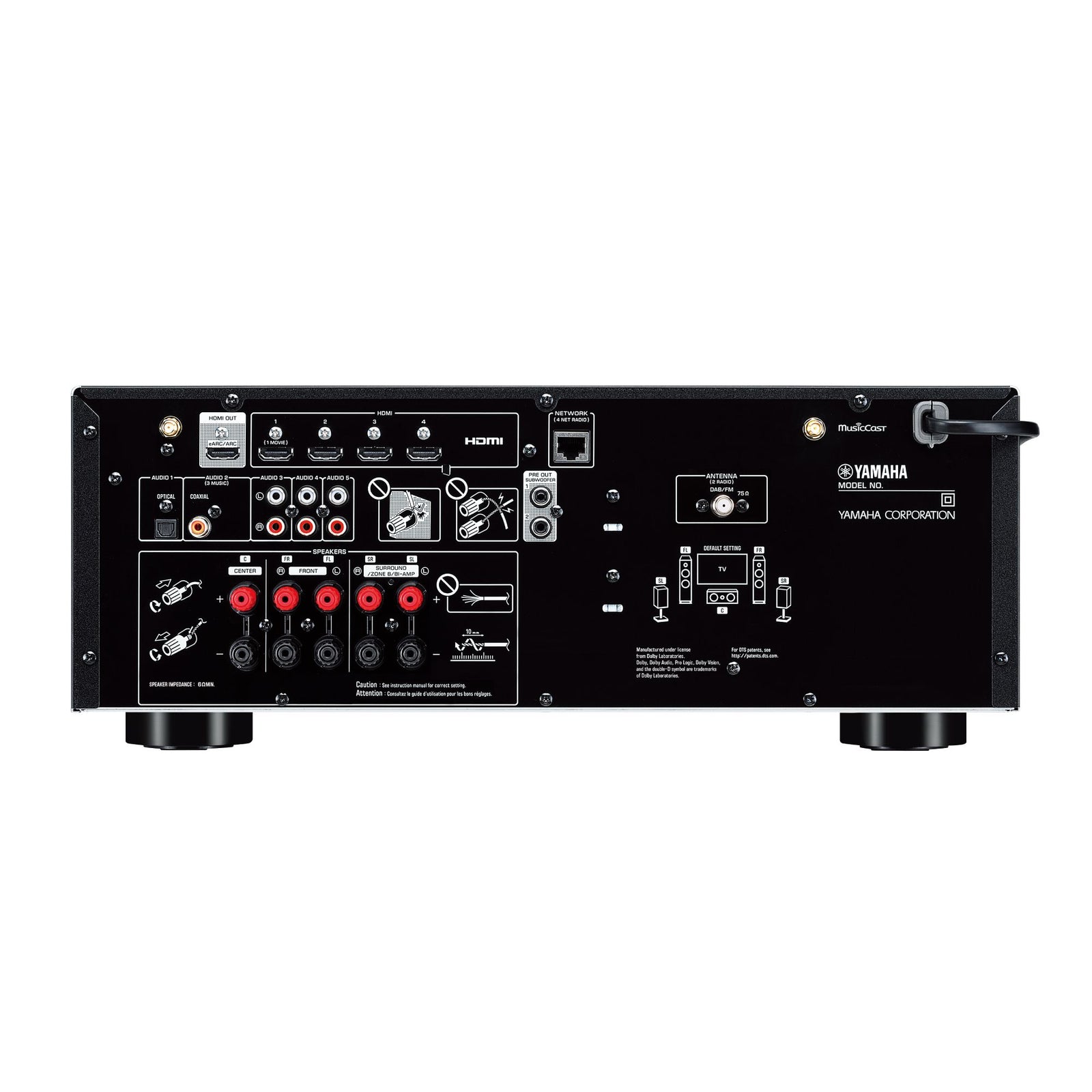 YAMAHA RX-V4A - RX-V AV RECEIVERS | VINYL SOUND - 5.2 ch AV receiver with CINEMA DSP 3D, HDMI™ 4-in/1-out, wireless surround. 5.2 Channel powerful surround sound Wi-Fi, Bluetooth®, AirPlay 2, Spotify Connect and MusicCast multi-room audio HDMI™ 4 in/1 out Dedicated gaming function(ALLM,VRR,QMS,QFT) via future update Voice control with Alexa and Google Assistant devices.