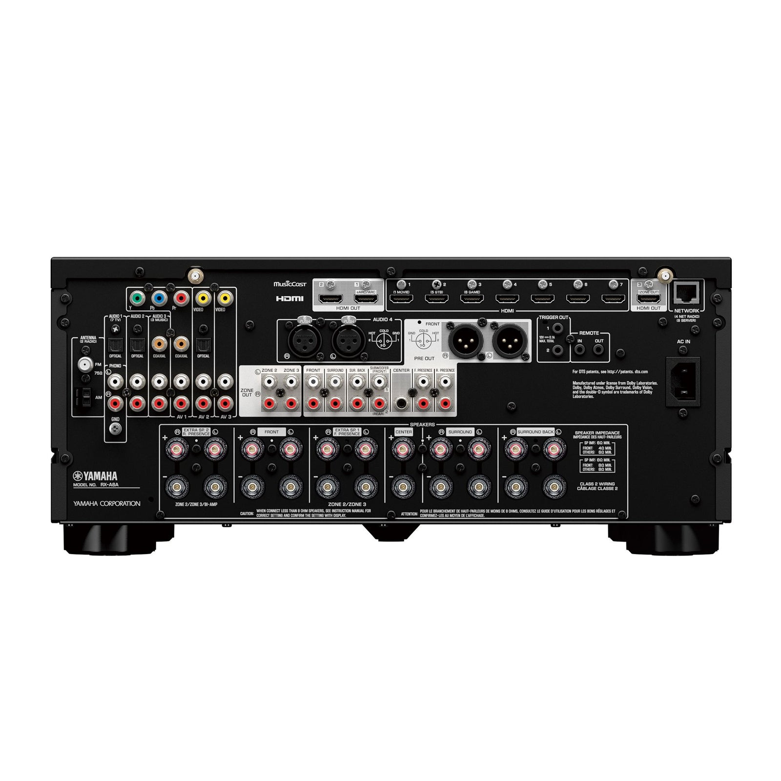 YAMAHA RX-A6A - AVENTAGE AV RECEIVERS | VINYL SOUND - 9.2 ch AVENTAGE with SURROUND:AI™, HDMI™ 7-in/3-out, the latest QCS407. 9.2 channel (with 11.2 channel processing) powerful surround sound with Zone2/3/4 Wi-Fi, Bluetooth®, AirPlay 2, Spotify Connect and MusicCast multi-room audio AURO-3D® Dolby Atmos® and DTS:X®