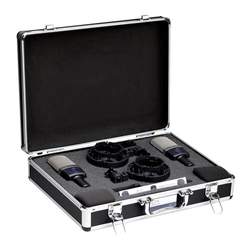 view of AKG C214 matched pair stereo large-diaphragm condenser microphones in case