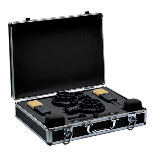 Front view of AKG C414 XLII matched pair multi-pattern condenser microphones in stereo kit case