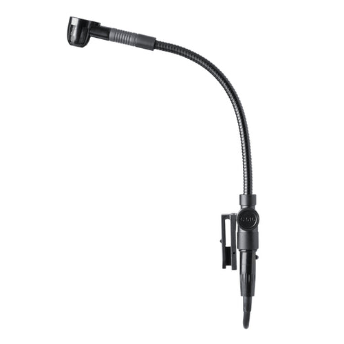 Front view of AKG C516ML clip-on condenser microphone mounted on instrument