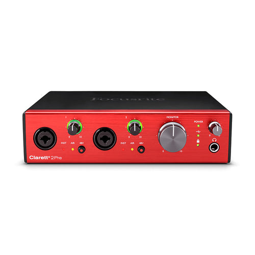 Front view of focusrite clarett+ 2pre usb-c audio interface
