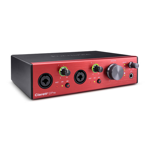 Front view of focusrite clarett+ 2pre usb-c audio interface