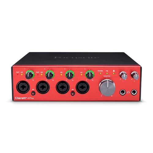 Front view of focusrite clarett+ 4pre usb-c audio interface