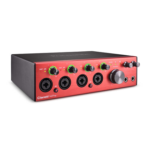 Front view of focusrite clarett+ 4pre usb-c audio interface