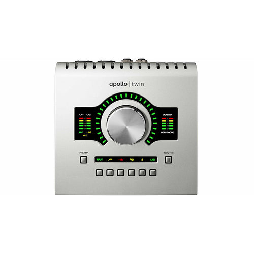 Top-down front view of Universal Audio Apollo Twin USB Heritage Edition audio interface