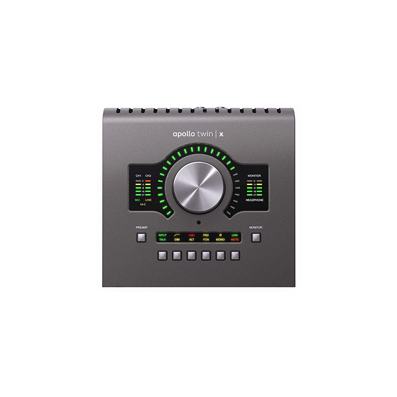 Front angle of Universal Audio Apollo Twin X DUO USB Heritage Edition audio interface