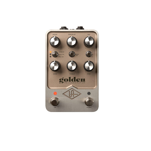 Top-down view of Universal Audio Golden Reverberator reverb pedal with dual footswitches and reverb mode selector