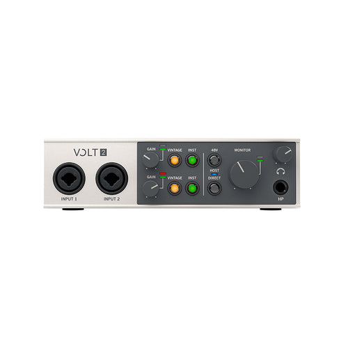 Front view of Universal Audio Volt 2 USB audio interface with two inputs and Vintage Preamp