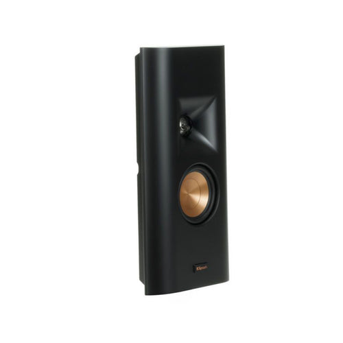 Klipsch RP-140D on-wall speaker with 1-inch titanium tweeter and 3.5-inch Cerametallic woofer, featuring a slim matte black design.